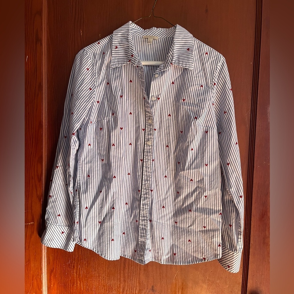 Talbots Women’s Blue Striped Shirt with Red Heart Details